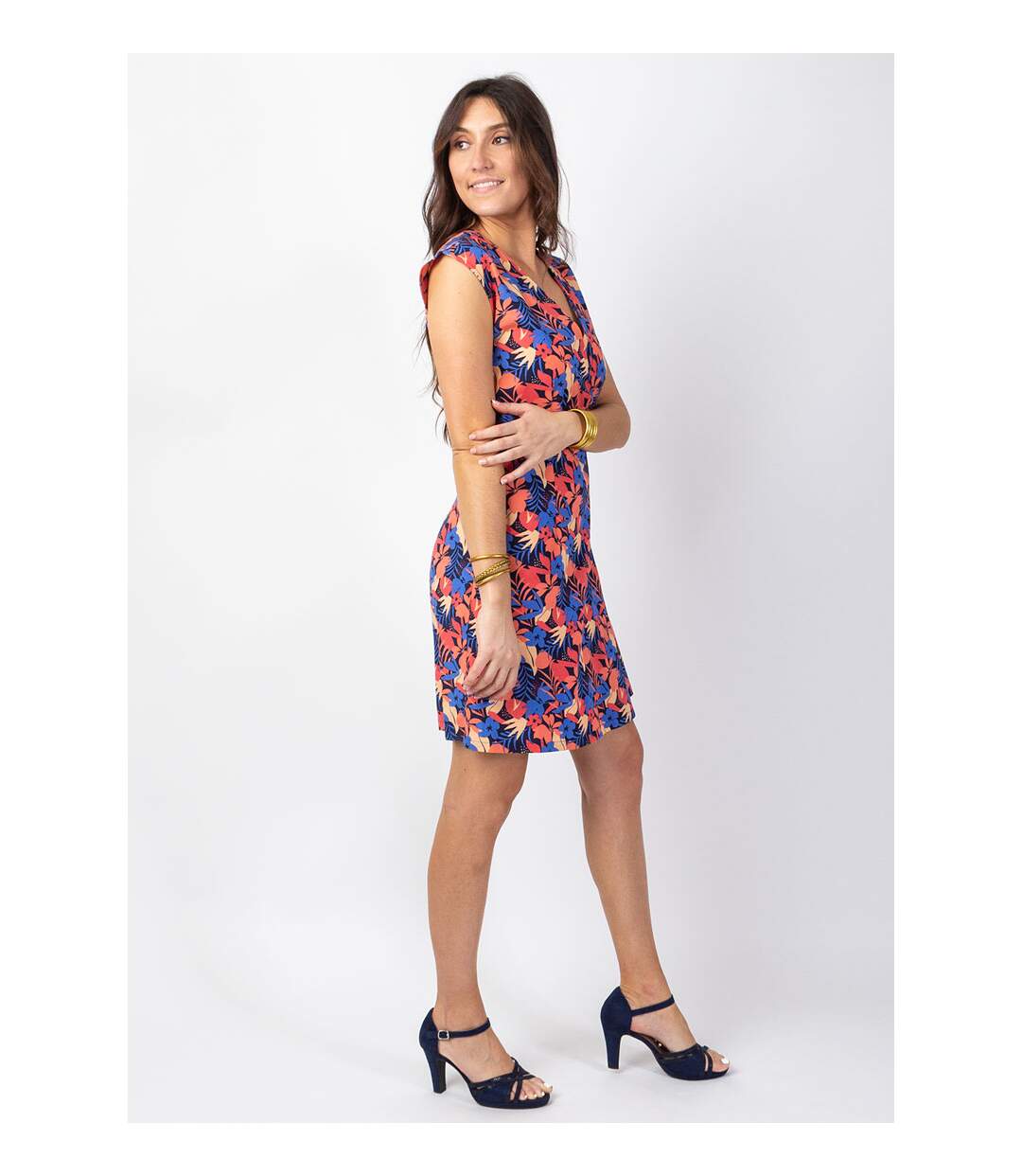 Robe courte LINDA en coton effet cache cœur imprimé fleuri Coton Du Monde