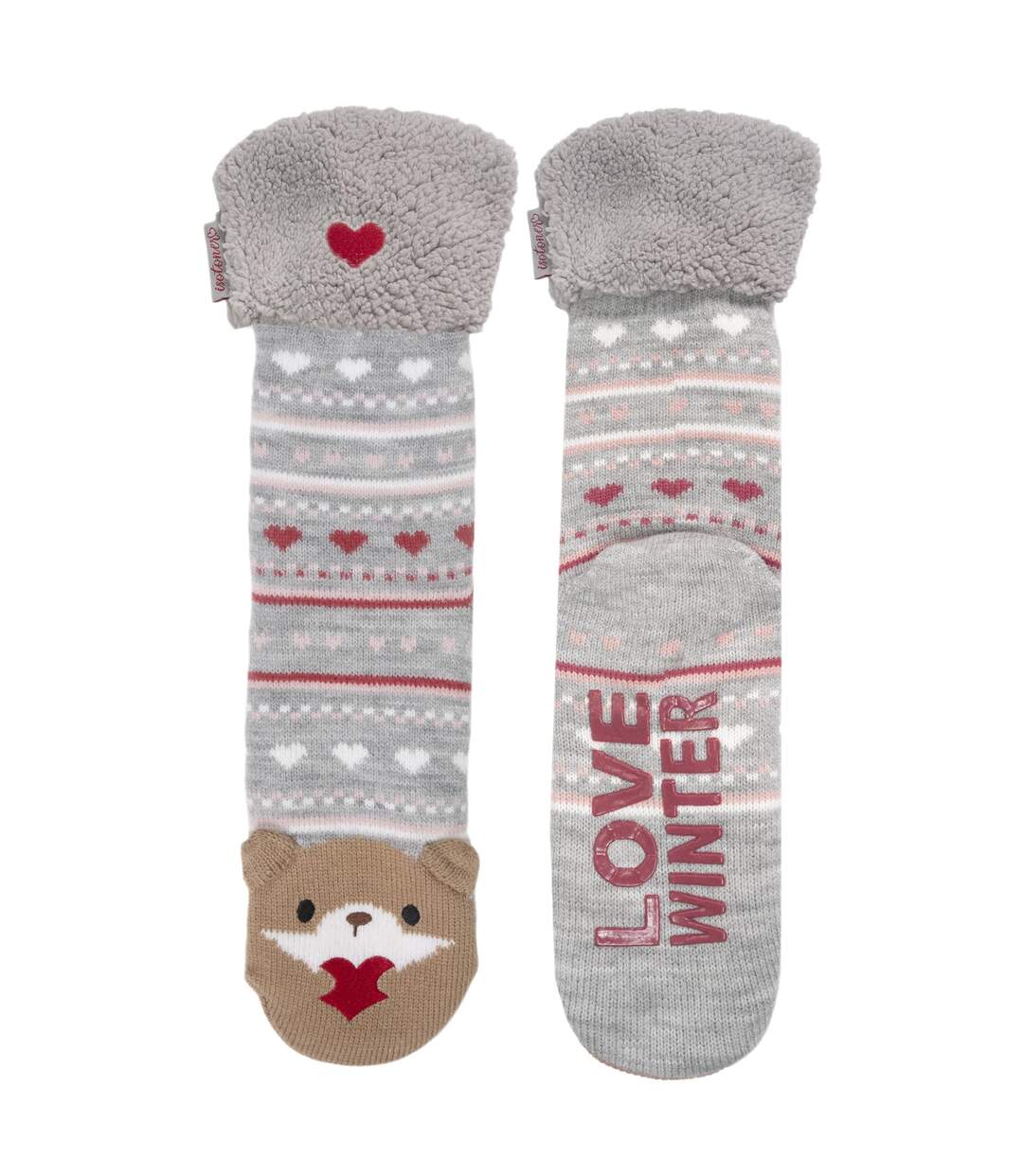Isotoner Chaussettes d'intérieur femme en maille, doublé sherpa, antidérapante-3