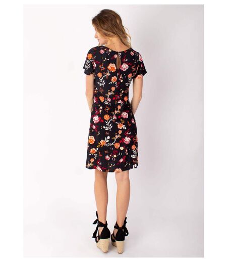 Robe courte fluide NATALIA manches courtes imprimé fleuri noir Coton Du Monde