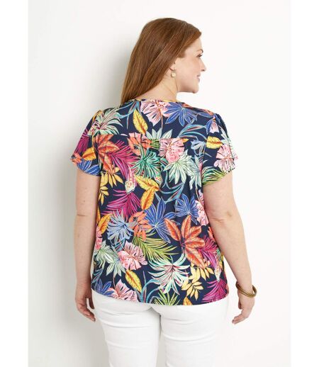 T-shirt ample col V imprimé feuilles manches courtes