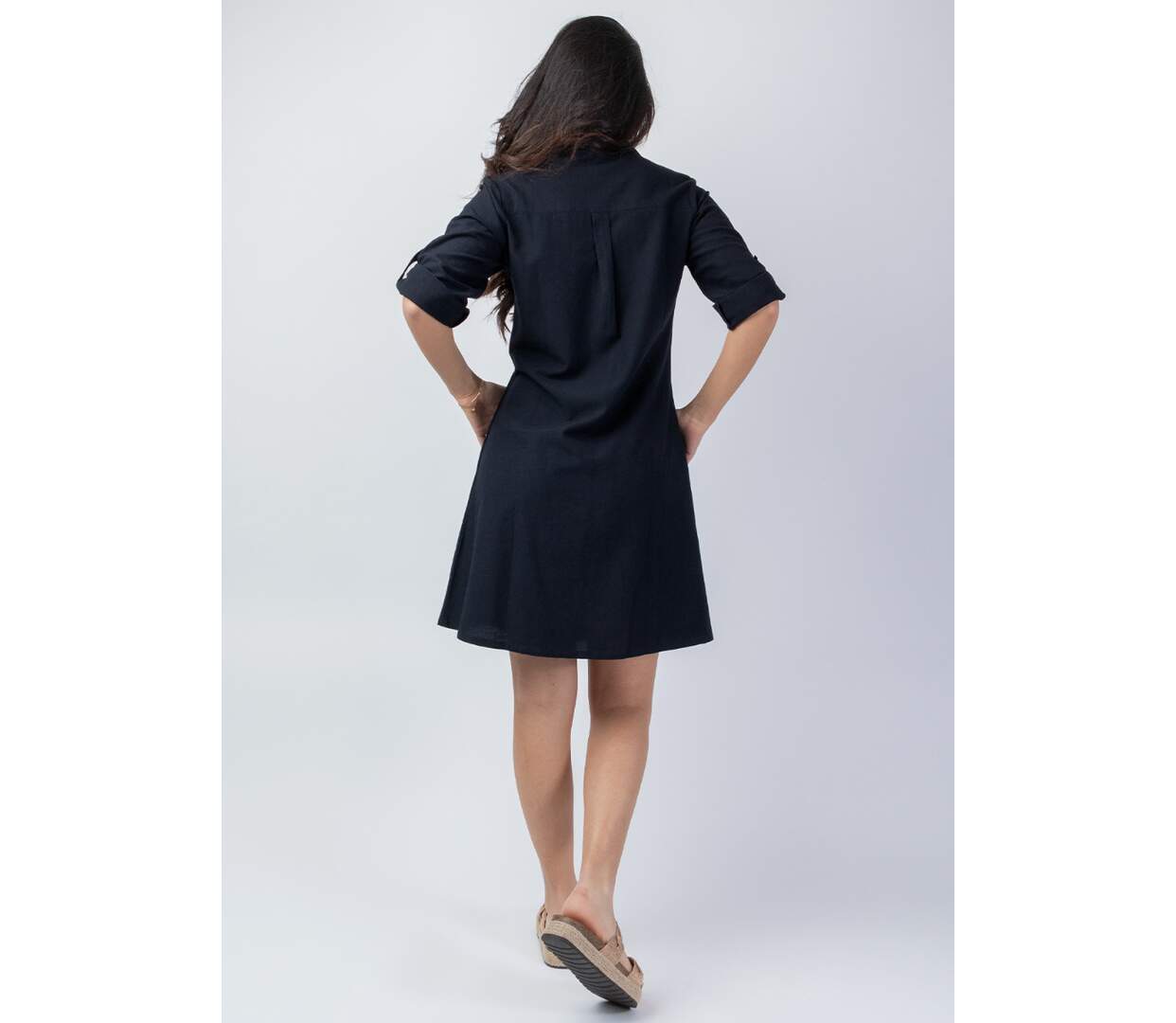 Robe chemise unie noire CLAUDINE coupe droite Coton Du Monde-4