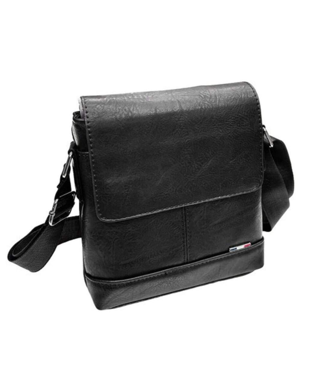 Lot de 2, grande et petite sacoche bandoulière homme à  rabat en PVC vieilli - Compacte, réglable, noire-3