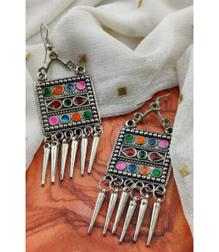 Oxidised Colourful Enamel Square Indian Boho  Drop Ethnic Asian Indian Earrings