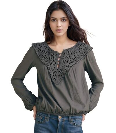 Tunique en dentelle noire à  manches longues, col tunisien - Style décontracté et chic pour toutes les saisons