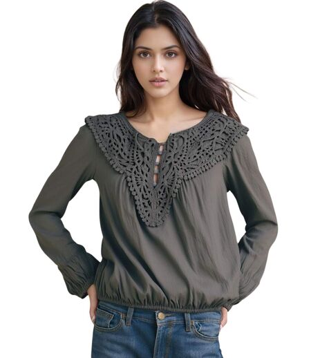 Tunique en dentelle noire à  manches longues, col tunisien - Style décontracté et chic pour toutes les saisons