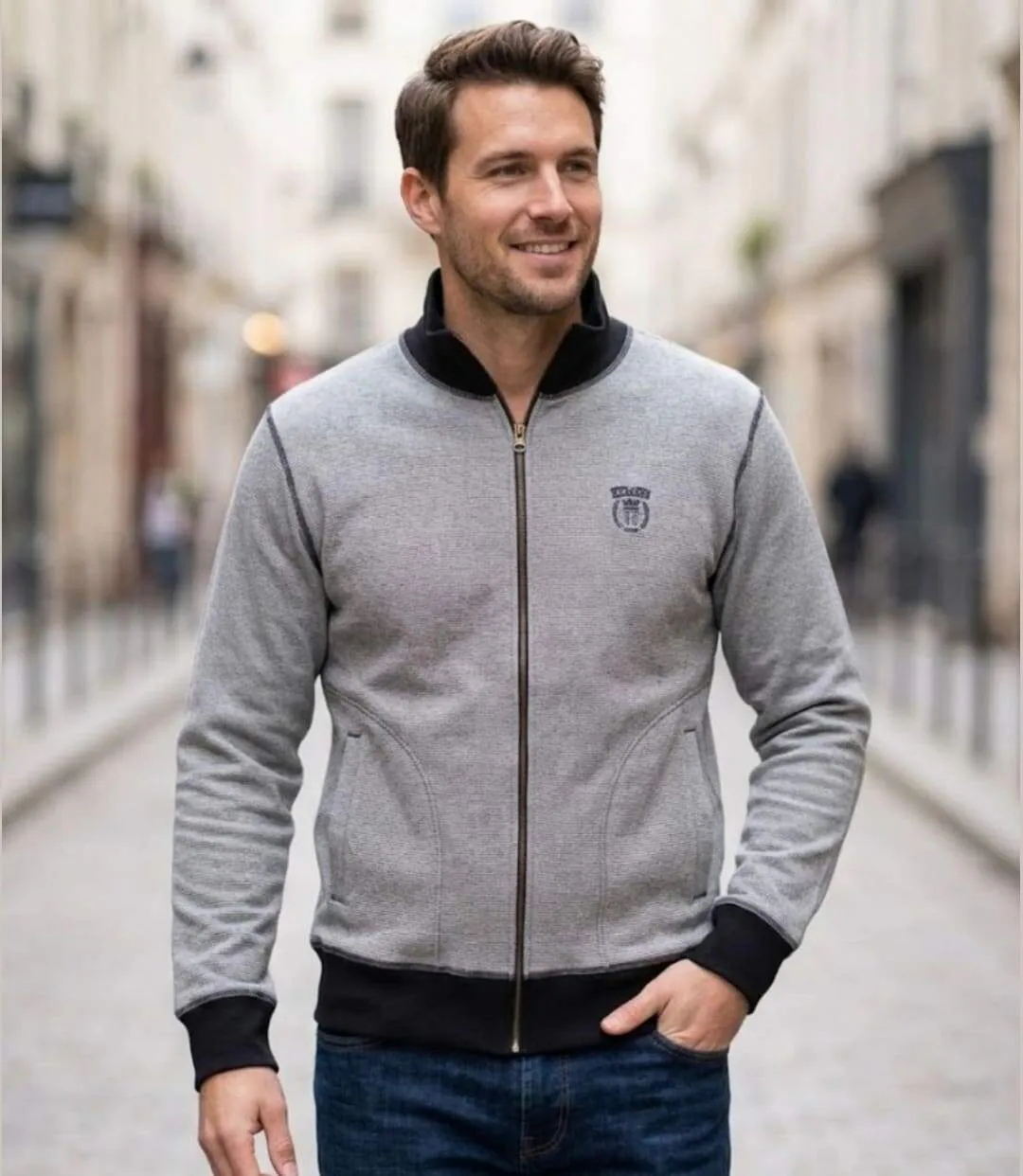 AXXANO AH1157M — Sweat col montant bleu marine : l'élégance texturée 100% coton-5