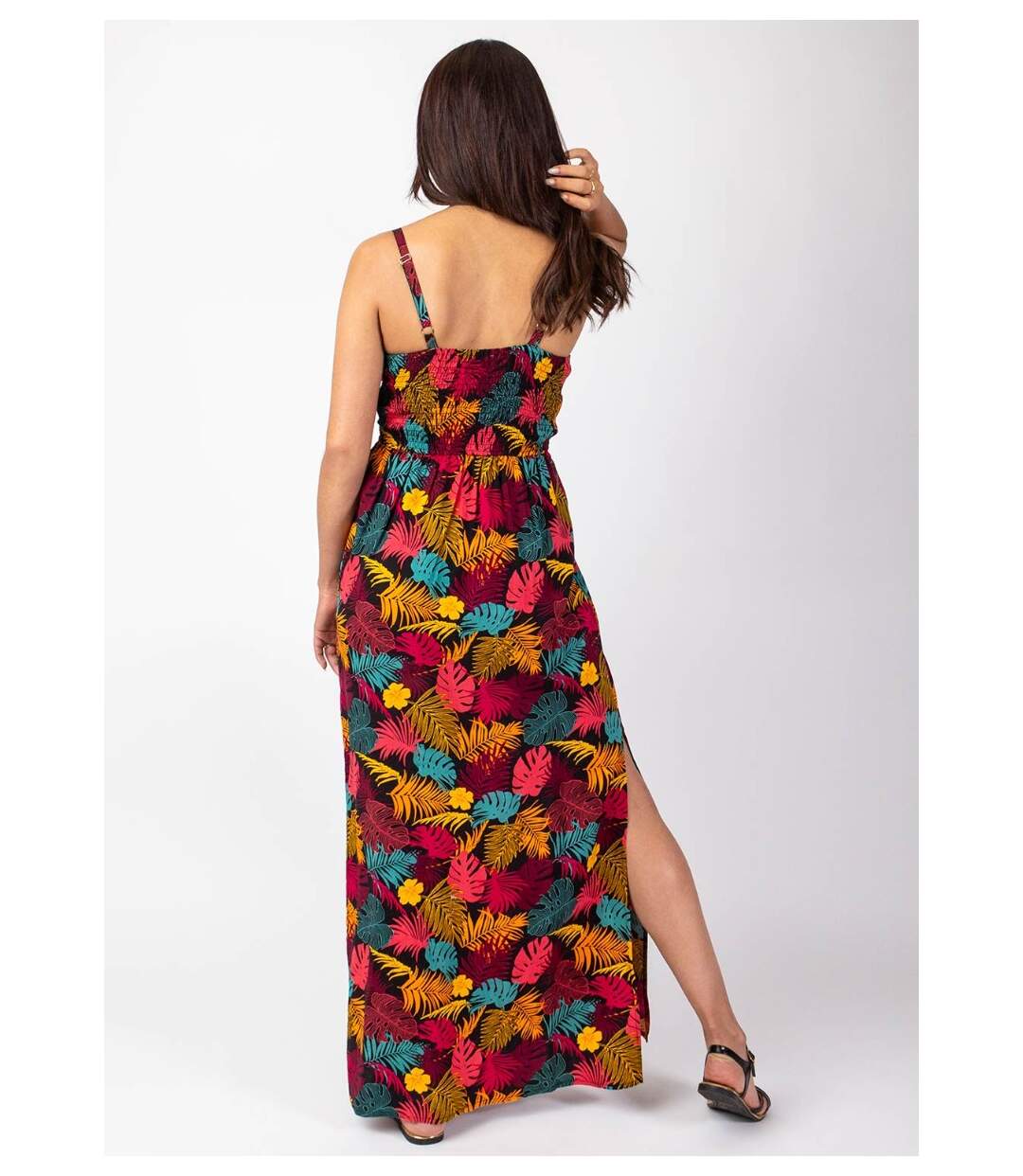 Robe longue fluide GLORIA fines bretelles imprimé tropical Coton Du Monde