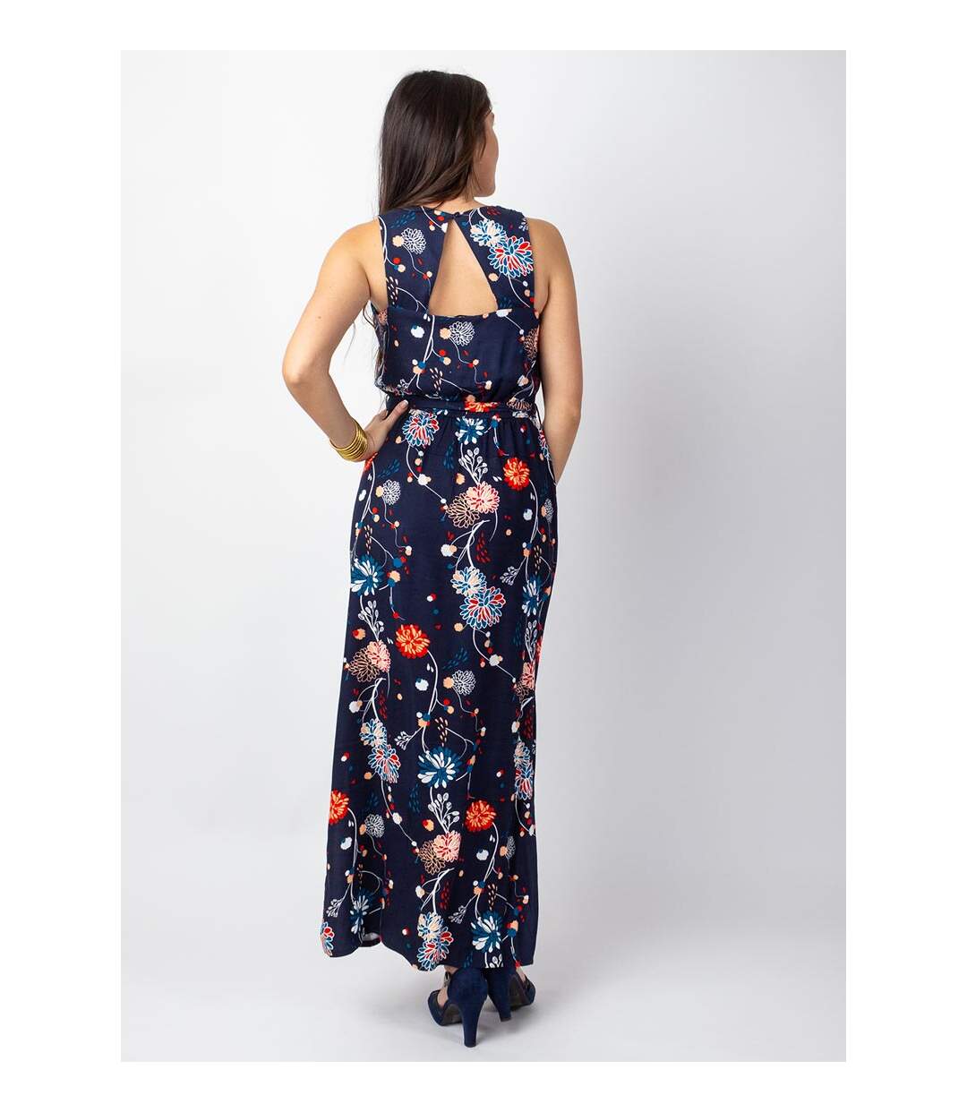 Robe longue fendue chic MELINDA cache-cœur imprimé floral bleu Coton Du Monde