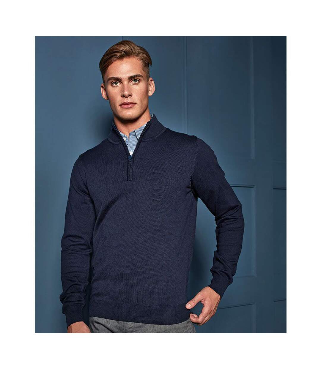 Pull tricoté à col zippé homme bleu marine Premier