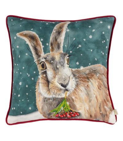 Piping detail hare christmas cushion cover 43cm x 43cm teal Evans Lichfield