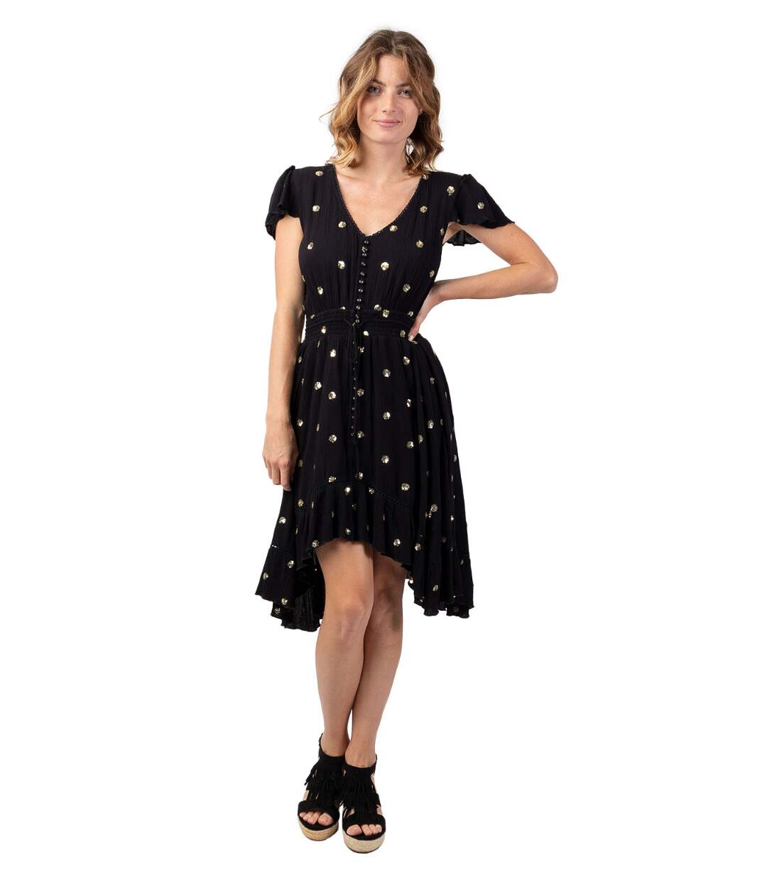 Robe courte à sequins INDIA noire Coton Du Monde