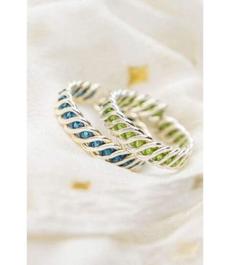 925 Silver Green & Blue Link Chain Stacking Band Adjustable Ring