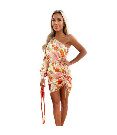 Womens/ladies Floral Ruched Side One Sleeve Mini Dress Multicoloured AX Paris