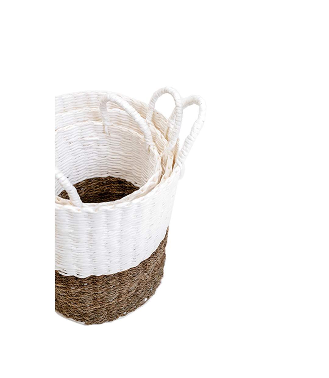 Lot de 3 Paniers bicolores en jonc et papier tressés - Beige et Blanc-5