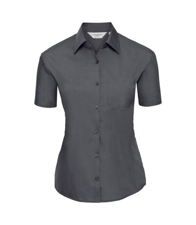 Womens/ladies poplin easy-care short-sleeved shirt convoy gray Russell Collection