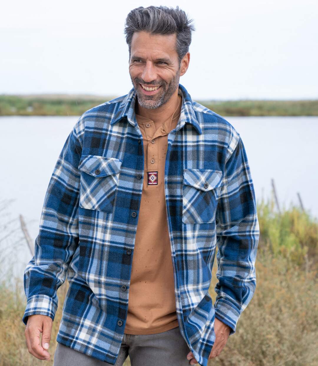 Men's Checked Fleece Overshirt - Blue Black Ecru 