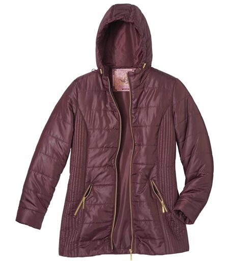 Women's Plum Padded Jacket with Hood - Full Zip - Water-Repellent