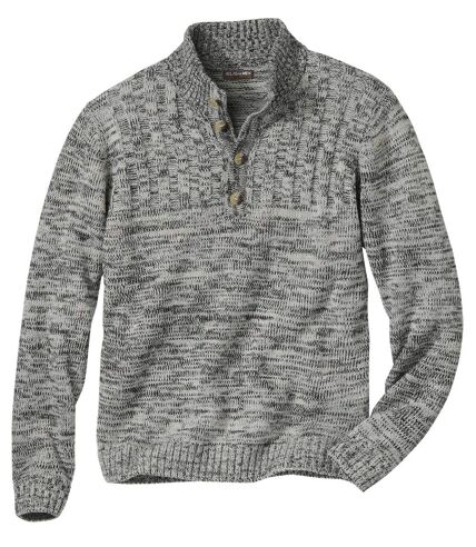 Trykotowy, melanżowy sweter z zapinanym kołnierzem