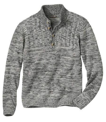 Trykotowy, melanżowy sweter z zapinanym kołnierzem