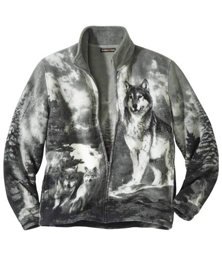 Men's Grey Wolf Print Fleece Jacket