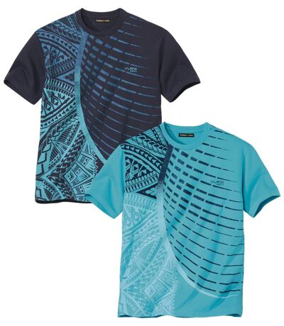 Pack of 2 Men's Graphic Print T-Shirts - Turquoise Navy