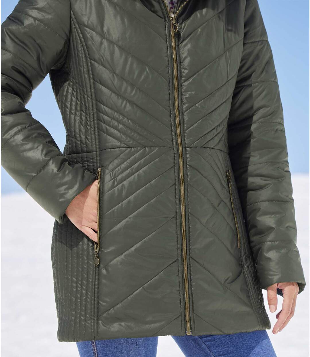 Długa, pikowana kurtka z kapturem z imitacji futerka Atlas For Men