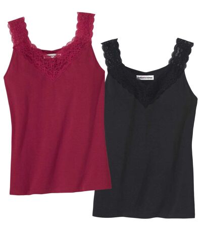 Pack of 2 Women's Lace Vest Tops - Burgundy Black