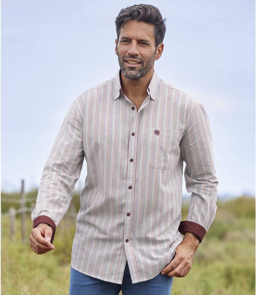 Men's Striped Cotton Shirt - Ecru Atlas For Men