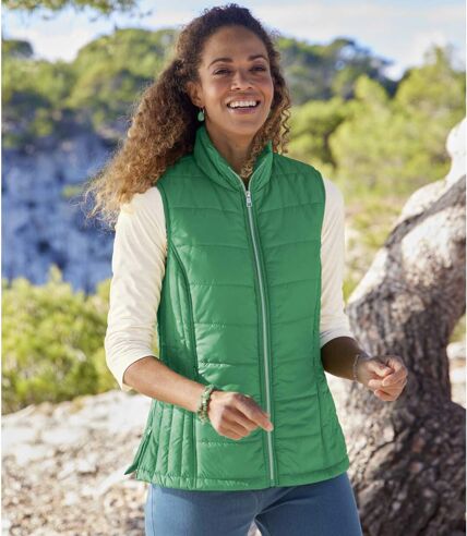 Women's Green Full Zip Padded Vest - Water-Repellent 