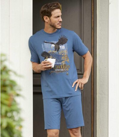 Men's Blue Eagle Print Pyjama Short Set