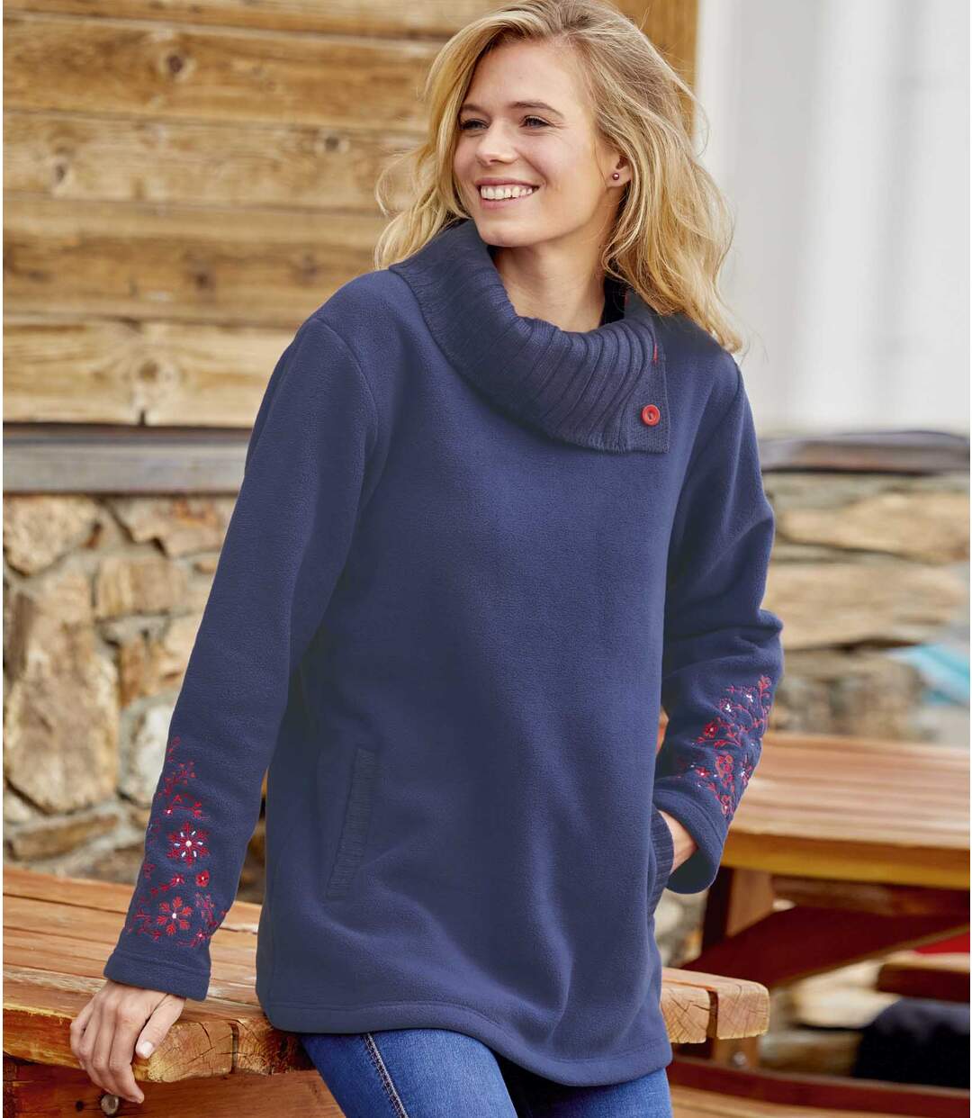 Women's Button-Neck Navy Fleece Jumper-3