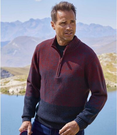 Men's Winter Sunset Sweater - Quarter-Zip - Burgundy Blue