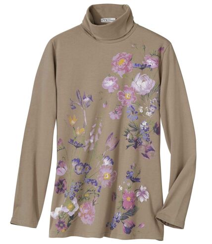 Women's Roll-Neck Floral Print Top - Taupe
