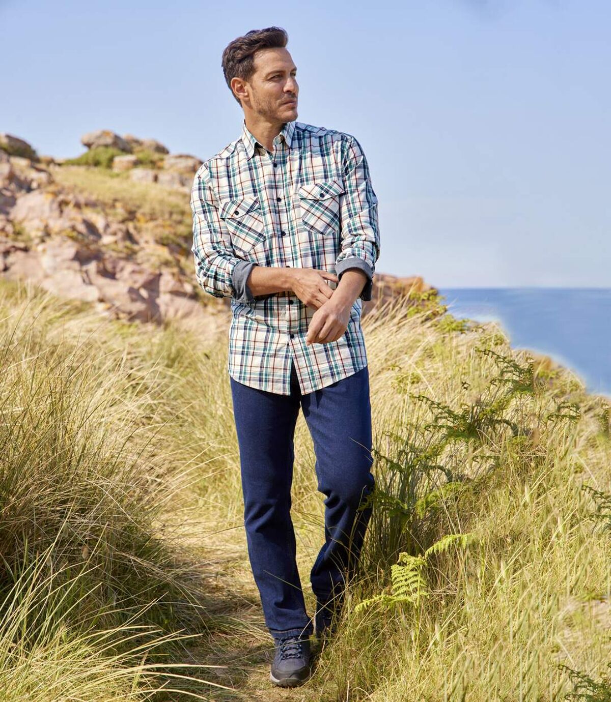 Men's Cream Checked Poplin Shirt Atlas For Men