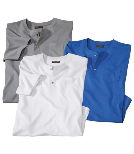 Pack of 3 Men's Button-Neck T-Shirts - Blue White Grey