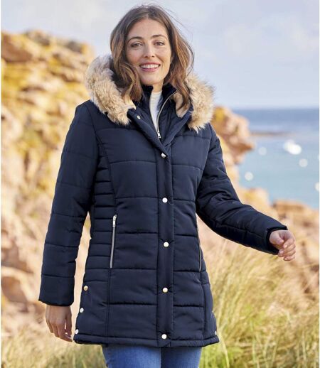 Prošívaná bunda do arktické zimy s kapucí lemovanou odepínací umělou kožešinou