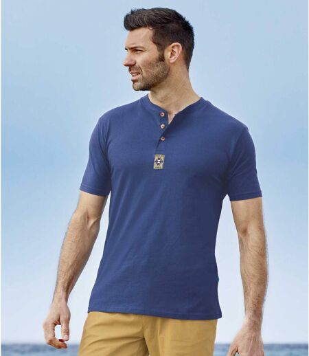 Set of 3 Men's Button Neck T-Shirts - Cotton