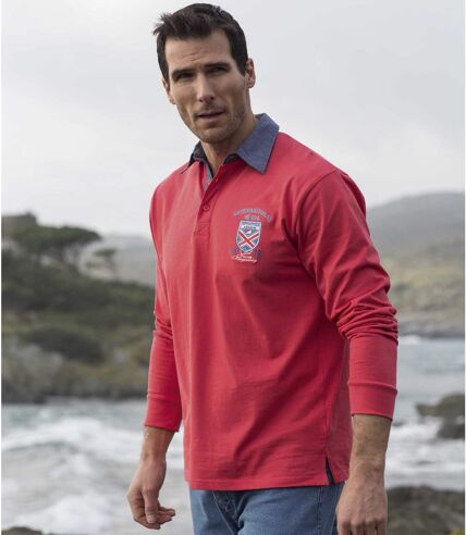 Men's Coral Long Sleeve Crest Motif Polo Shirt