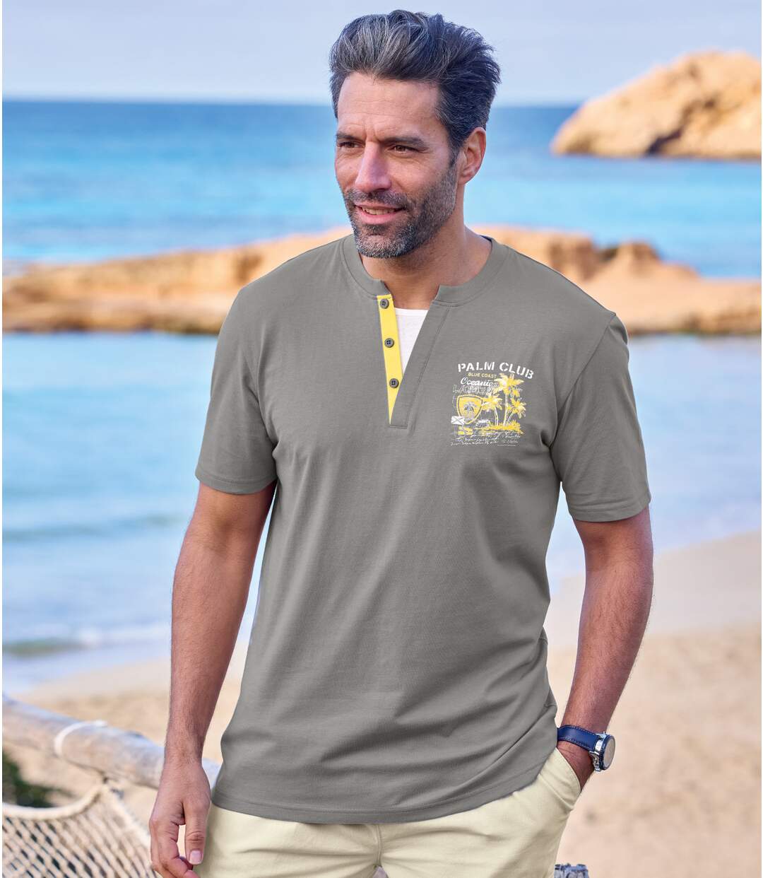 Pack of 2 Men's Henley T-Shirts - Yellow Grey-3