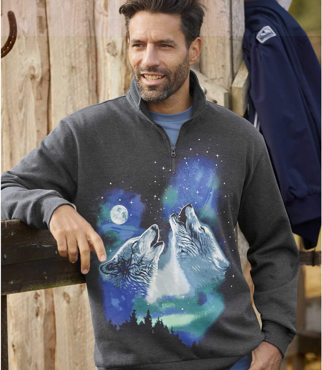 Men's Wolf Print Brushed Fleece Sweater - Half-Zip - Anthracite Atlas For Men
