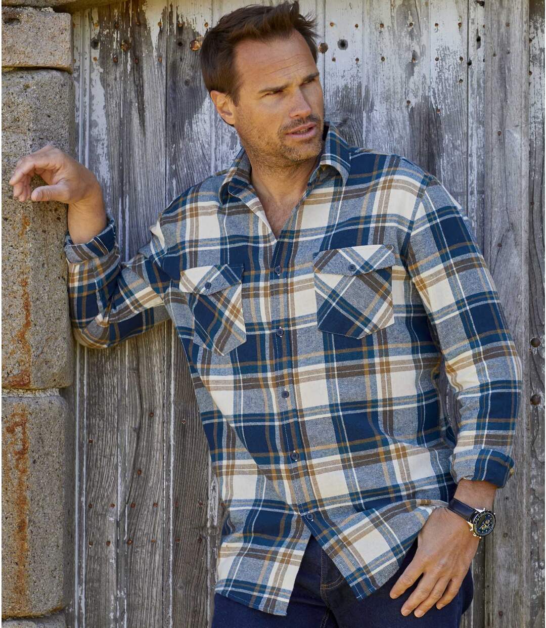 Men's Countryside Checked Flannel Shirt - Navy Ochre-3