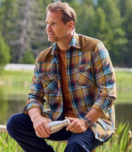 Men's Checked Shirt With Faux-Suede Panels - Blue Brown