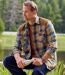 Men's Blue Checked Shirt With Faux-Suede Panels