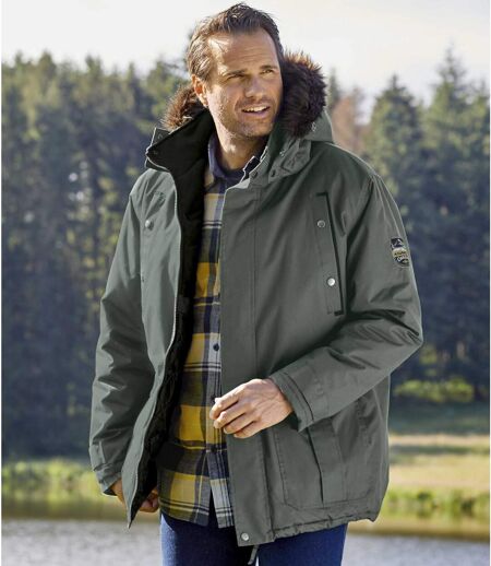 Men's Khaki Multi-Pocket Parka Coat - Detachable Hood - Full Zip