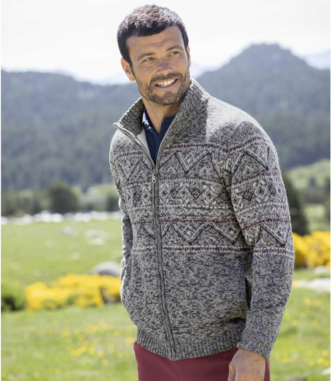 Men's Grey Print Knitted Jacket    Atlas For Men
