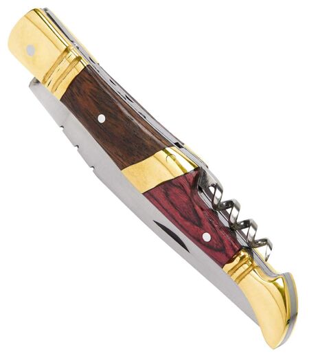 Wielofunkcyjny nóż z rękojeścią z drewna i metalu w miedzianym kolorze