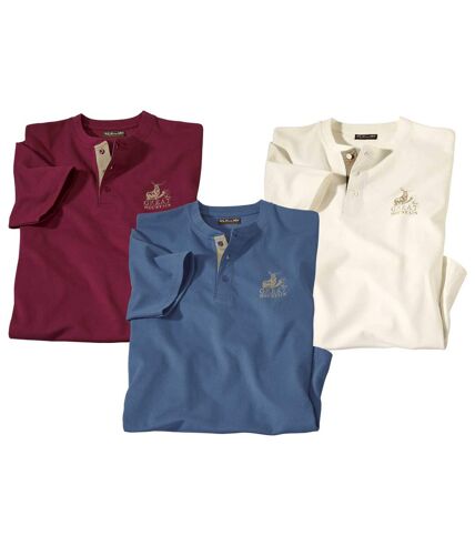Pack of 3 Men's Button-Neck T-Shirts - Burgundy Blue Ecru