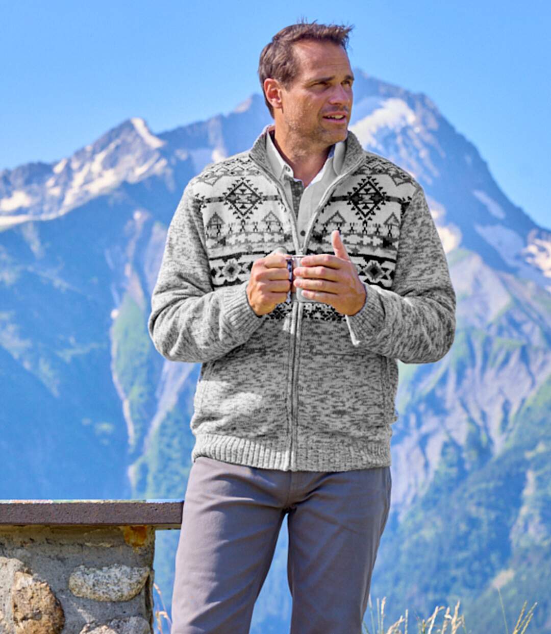 Men's Grey Patterned Knitted Jacket