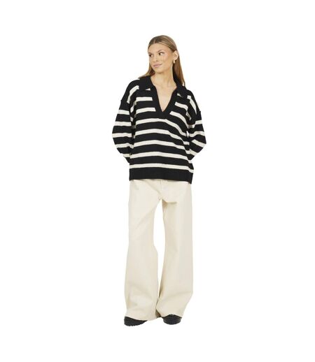 Womens/ladies Striped V Neck Jumper Black Brave Soul