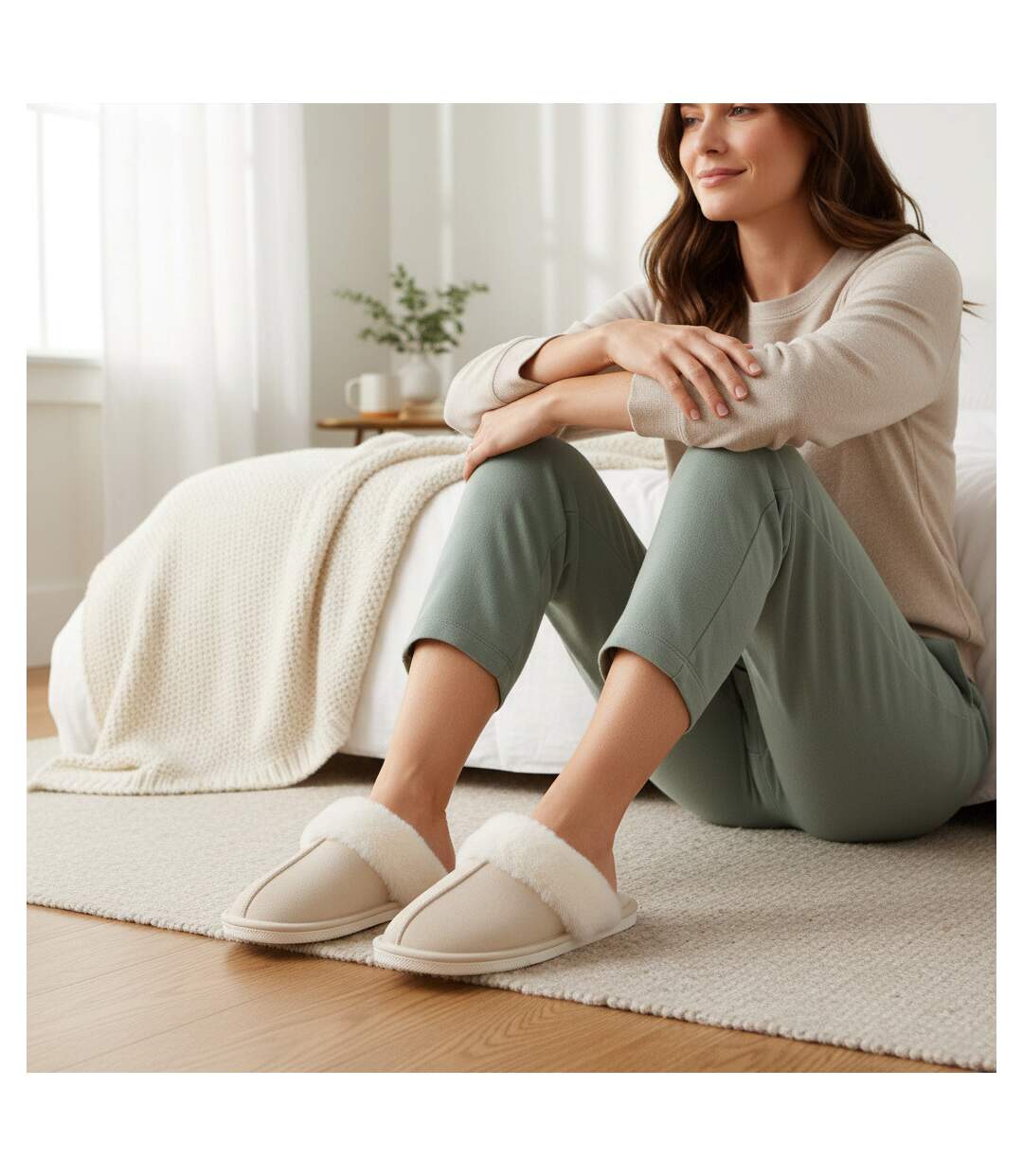 OZABI Pantoufles Ouvertes Femme, Suédine Synthétique, Col Fourrure-2
